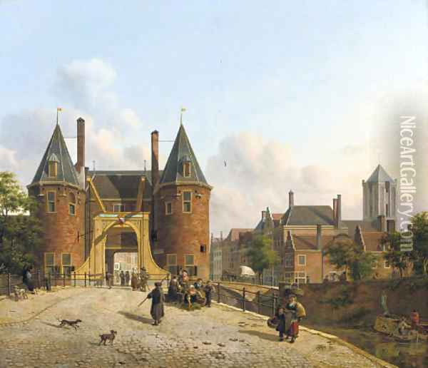 View of the Weerdpoort in Utrecht with the St. Jacobskerk in the distance Oil Painting - Jan Hendrik Verheyen
