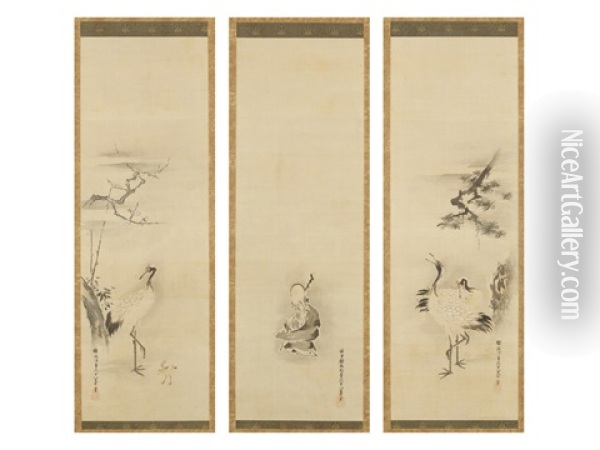 Pine And Crane/figure/plum-blossom, Bamboo And Young Crane (triptych) Oil Painting - Tanyu Kano