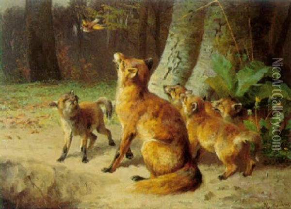 Skorvparti Med Raevefamilie Der Betragter En Fugl Oil Painting - Adolf Heinrich Mackeprang