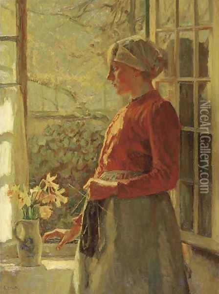 The first daffodils Girl from Laren (Holland) Oil Painting - Max Metzoldt