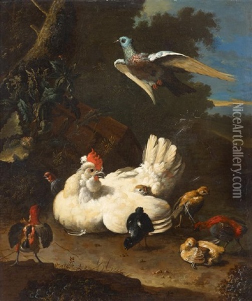 A Hen And Chicks With A Pigeon In A Landscape Oil Painting - Adriaen van Oolen