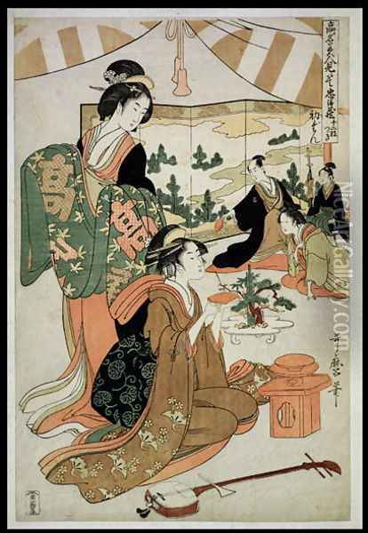 Scene 1, Comparison of celebrated beauties and the loyal league, c.1797 Oil Painting - Kitagawa Utamaro