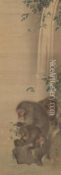 Three Monkeysseated On A Rock Beneath Oil Painting - Mori Shusho, Dit Sosen