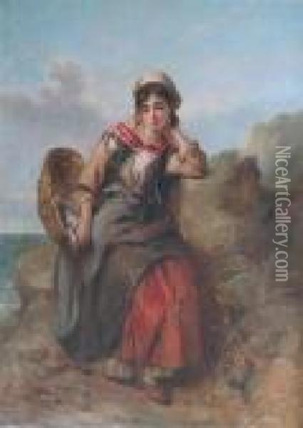 A Fisher Girl Seated On Coastal Rocks Oil Painting - Thomas Kent Pelham