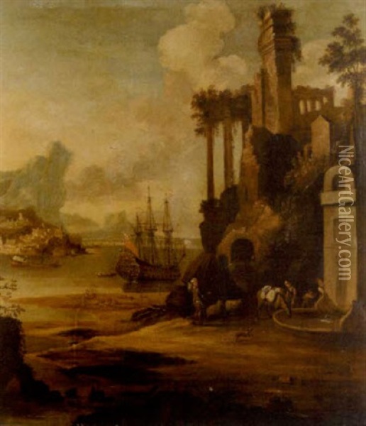 An Italianate Landscape With A Man O'war At Anchor In A Bay Beyond Oil Painting - Willem van der Hagen