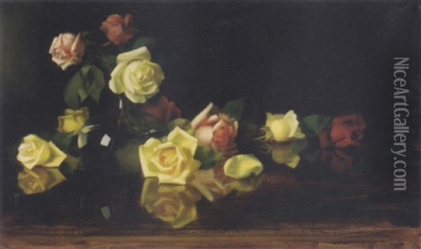 Yellow And Pink Roses Oil Painting - Stuart James Park