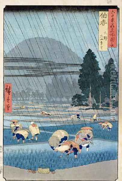 Rice Planting in Hoki Province with a Distant View of O Yama Oil Painting - Utagawa or Ando Hiroshige