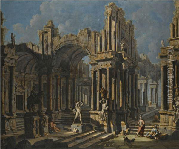 An Architectural Capriccio With A Statue Of Hercules And Figures Inclassical Costume Oil Painting - Pietro Cappelli