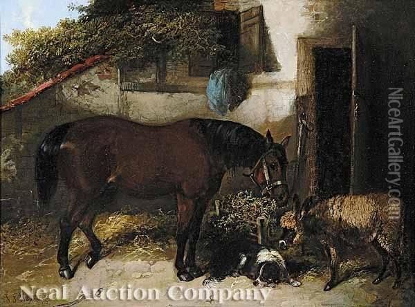 A Barnyard Scene With Horse, Sheep And Border Collie Oil Painting - John Frederick Herring Snr