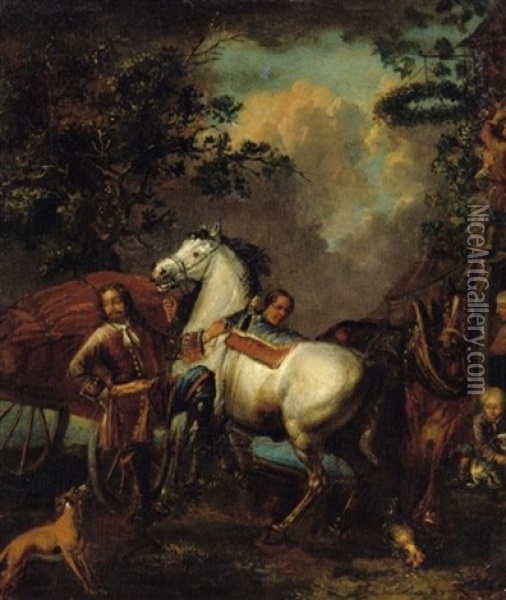 Vor Der Schanke. Ein Edelmann Besteigt Sein Gesatteltes Pferd Oil Painting - Barend Van Kalraet