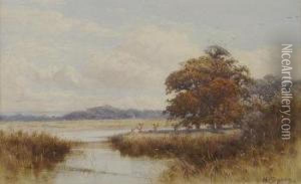 Summer River Landscape With Fisherman Oil Painting - Henry Sykes