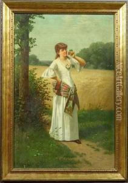 Portrait Of A Young Woman In A Field Oil Painting - Samuel S. Carr