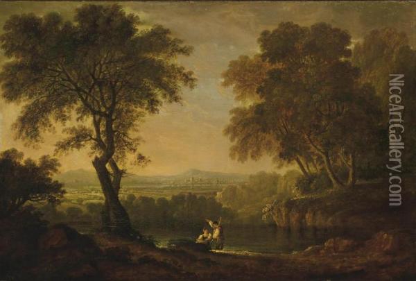 A Wooded River Landscape With Figures Conversing, A Settlement Beyond Oil Painting - Richard Wilson