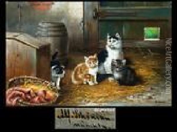 Die Katzen Im Stall Oil Painting - Alfred Schonian