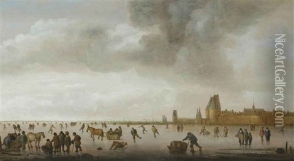 A Winter Landscape With Skaters On The Singel Near The Northern City Wall With The St. Janspoort, Haarlem Oil Painting - Willem Gillisz Kool