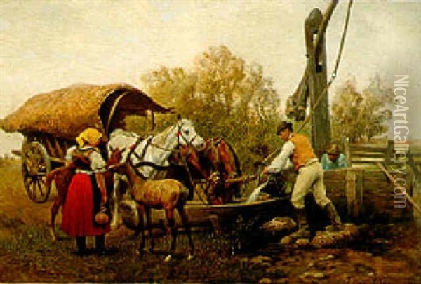 Pferdefuhrwerk Am Ziehbrunnen Oil Painting - Julius von Blaas