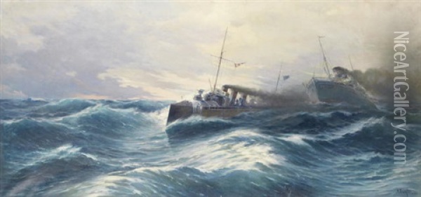 Seascape/the Destroyer Thyella Oil Painting - Vasilios Chatzis