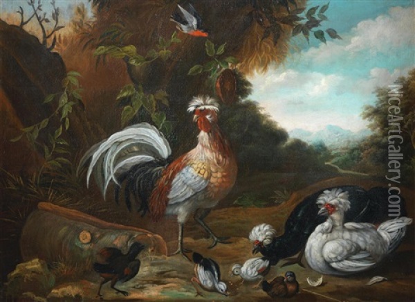 Cockerels And Other Birds Before A Fountain; And A Cockerel, Hens And Other Birds In A Landscape (2) Oil Painting - David de Coninck