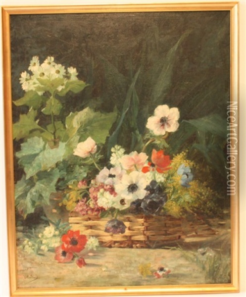 Composition Representant Une Nature Morte Aux Anemones Dans Un Panier Oil Painting - Marie (Mme. Beloux-Hodieux) Hodieux