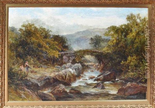 Two Young Woman Gathering Kindling Along A Riverbank Oil Painting - James Stephen Gresley