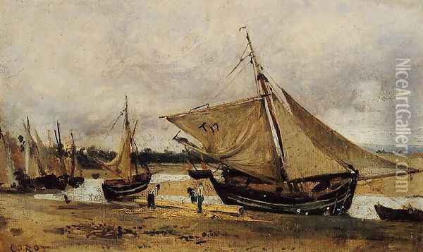 Fishing Boars Beached in the Chanel Oil Painting - Jean-Baptiste-Camille Corot