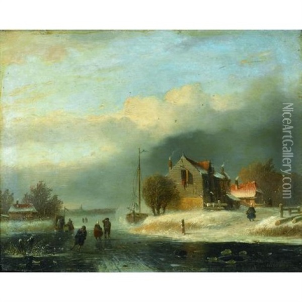 A Winter Landscape With Cottages And A Boat By A Frozen River With Figures Skating In The Foreground Oil Painting - Andreas Schelfhout