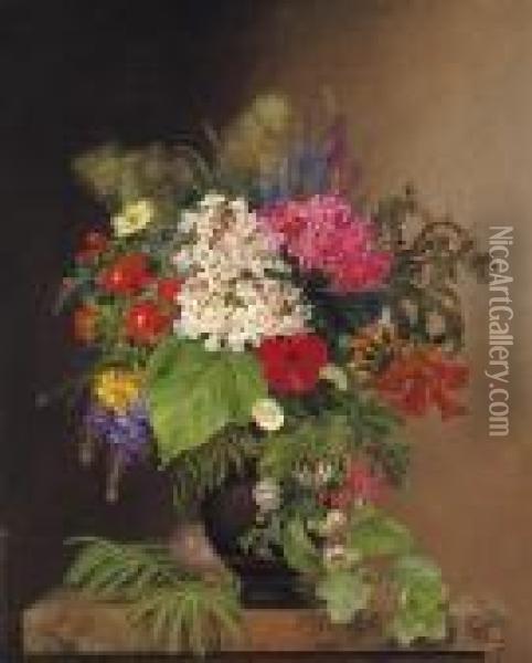 Convulvulus, Lupins, Speedwell And Fuschia In A Vase Oil Painting - Johan Laurentz Jensen