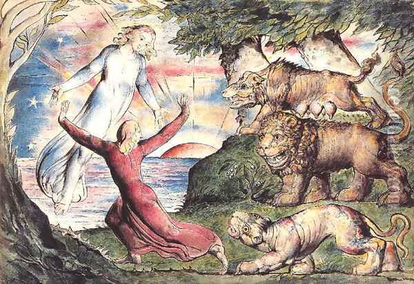 Inferno, Canto I, 1-90 Dante running from three beasts is rescued by Virgil Oil Painting - William Blake