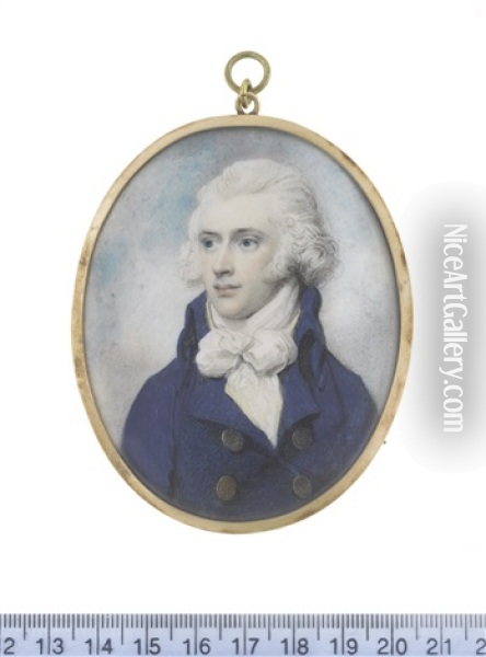 A Gentleman, Wearing Double-breasted Blue Coat With Large Brass Buttons, Cream Waistcoat And Large Tied White Cravat, His Hair Powdered Oil Painting - Richard Cosway