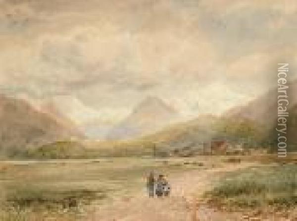 Figures With A Goat In A Rural Landscape Oil Painting - David Cox