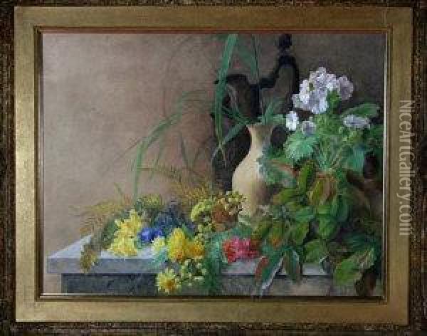 A Still-life Study Of Plants And Flowers On A Shelf Oil Painting - Charlotte James
