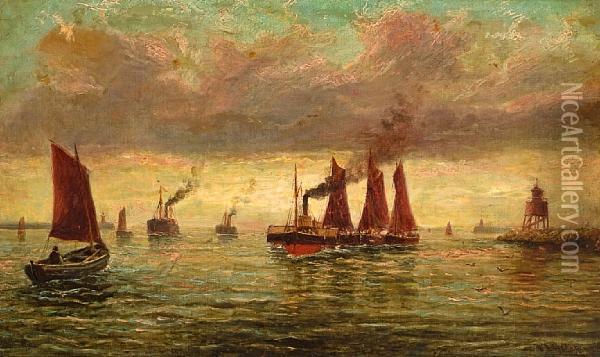 Tyne River Barges Under Tow Past The Point Oil Painting - Bernard Benedict Hemy