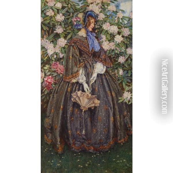 Victorian Lady Standing Before A Large Rhododendron Oil Painting - Eleanor Fortescue-Brickdale