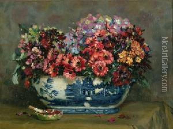 Still Life With Flowers In A Willow-pattern Tureen Oil Painting - Frank Richards
