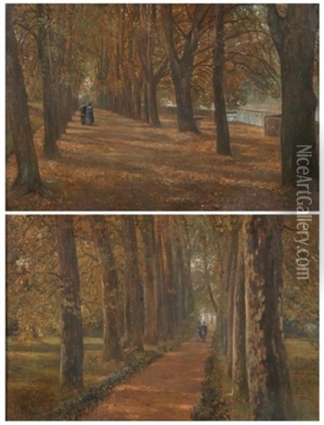 Couple Walking Tree Lined Path (+ Another, Similar; 2 Works) Oil Painting - James Thomas Watts