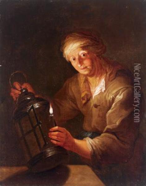 Ritratto Di Anziana Donna Che Mette Una Candela Accesa In Una Lanterna Oil Painting - Anna Dorothea Liszewska-Therbusch