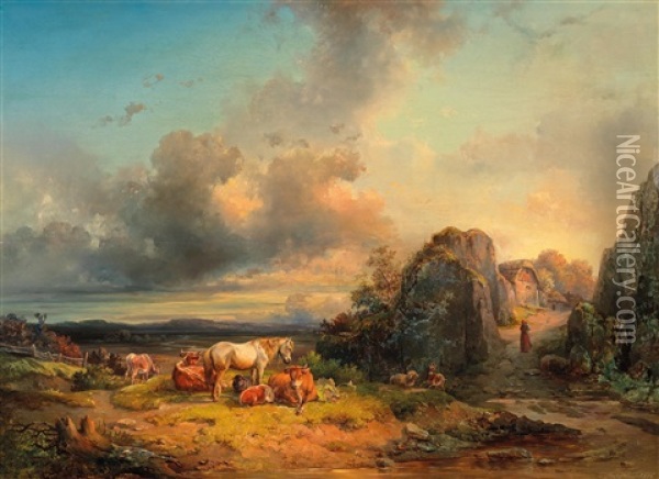 Herd Of Animals And Decorative Figures In An Open Landscape Oil Painting - Edmund Mahlknecht