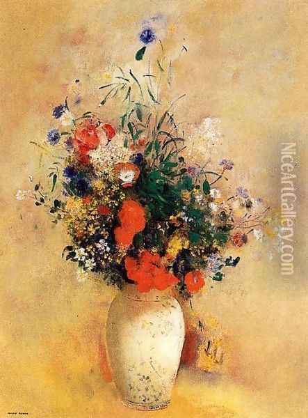 Flowers In A Chinese Base Oil Painting - Odilon Redon