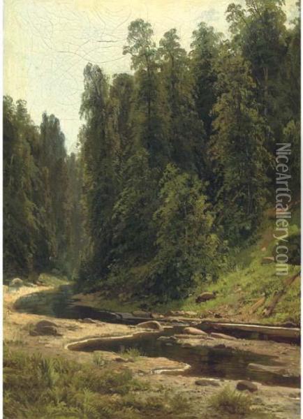 River In The Forest Oil Painting - Ivan Shishkin