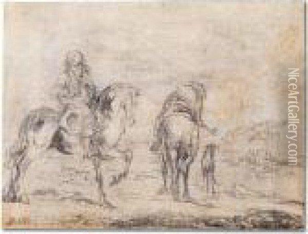 Two Men On Horseback With A Dog Oil Painting - Pieter Wouwermans or Wouwerman