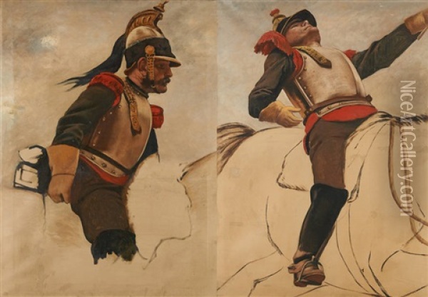 Esquisses Pour Le Panorama De La Bataille De Waterloo (soldats Francais) (2 Sketches) Oil Painting - Louis-Jules Dumoulin