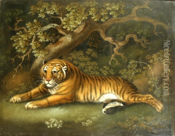 A 'marmotinto' Sand Painting Of A Recumbent Tiger In A Woodland Landscape Oil Painting - Benjamin Zobel