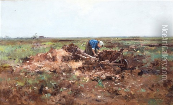 Turf Harvest / Peat Stacking In The Field Oil Painting - Cornelis Vreedenburgh