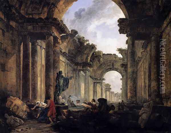 Imaginary View of the Grande Galerie in the Louvre in Ruins 1796 Oil Painting - Hubert Robert