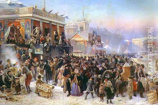 Fair Booths on Admiralty Square, St. Petersburg, 1869 Oil Painting - Konstantin Egorovich Egorovich Makovsky