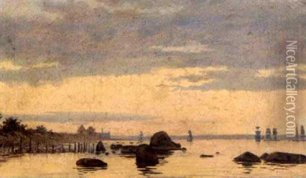 Sejlskibe I Sundet Ud For Kronborg En Aftenstund Oil Painting - Emanuel Larsen