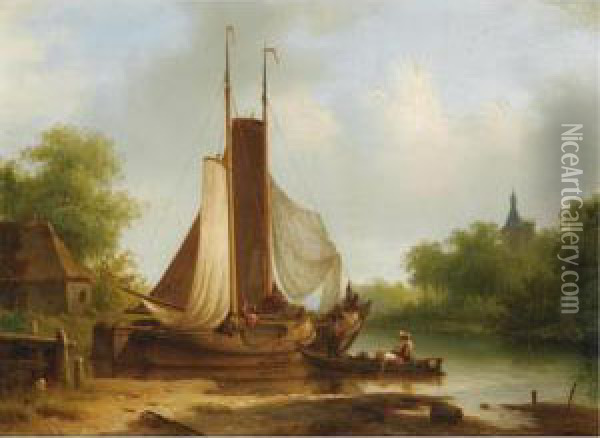 Unloading The Catch Oil Painting - Georg Andries Roth