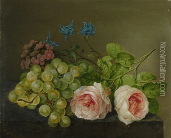 Stillleben Mit Rosen, Blumen Und Weintrauben Oil Painting - Paul Theodor van Bruessel