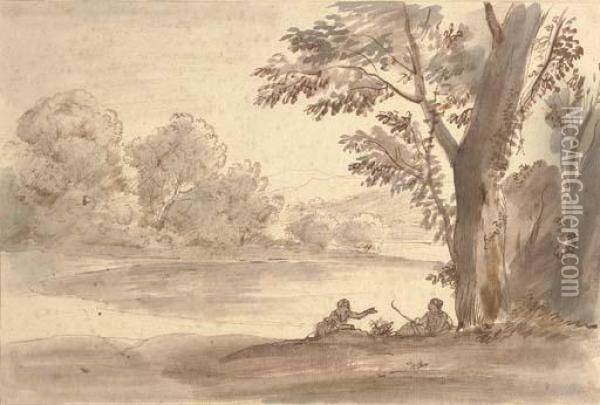 A Lake On The Edge Of A Wood With Two Figures By A Tree Oil Painting - (circle of) Wittel, Gaspar van (Vanvitelli)