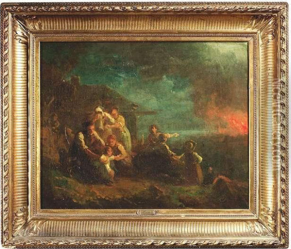 Baptist. A Peasant Family Is Afraid Of A Nightly Blast Oil Painting - Johann Baptist Kirner